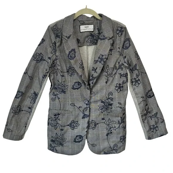 Women's Hilary Radley Plaid Floral Embroidery Navy Gray Knit Blazer Casual - Picture 1 of 4